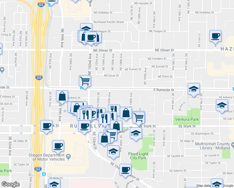 map of restaurants, bars, coffee shops, grocery stores, and more near 10548 East Burnside Street in Portland