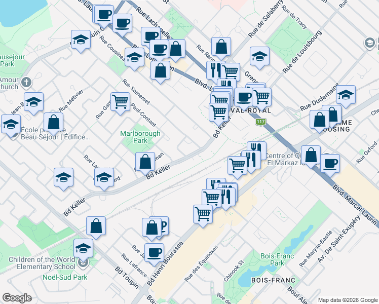 map of restaurants, bars, coffee shops, grocery stores, and more near 2159 Boulevard Keller in Montréal
