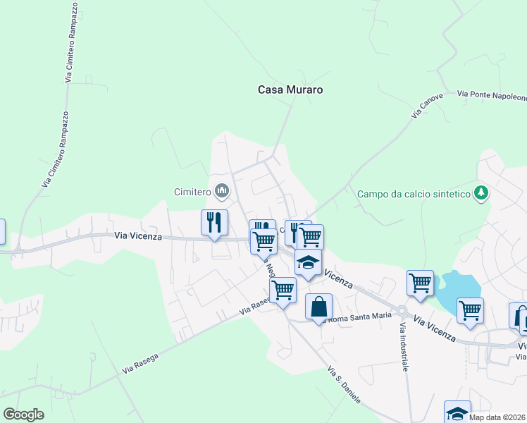 map of restaurants, bars, coffee shops, grocery stores, and more near 17 Via Gandhi in Camisano Vicentino