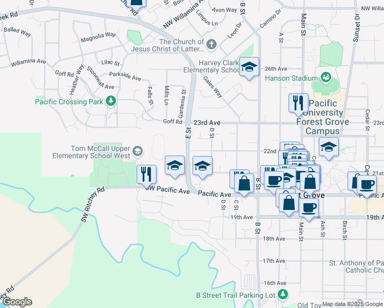map of restaurants, bars, coffee shops, grocery stores, and more near 1502 22nd Avenue in Forest Grove