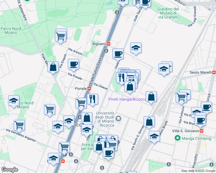 map of restaurants, bars, coffee shops, grocery stores, and more near 235 Viale Sarca in Milano
