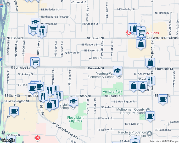 map of restaurants, bars, coffee shops, grocery stores, and more near 28 Southeast 111th Avenue in Portland