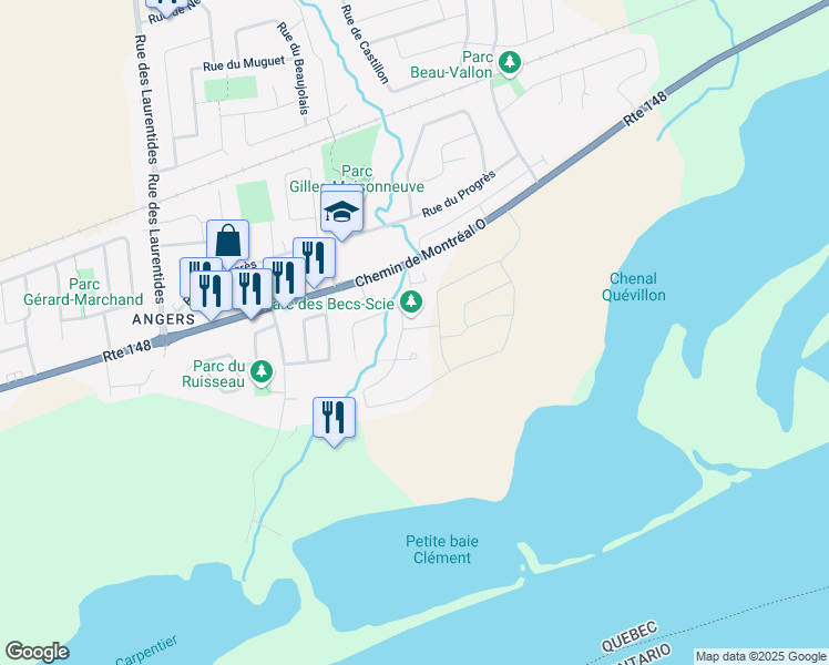 map of restaurants, bars, coffee shops, grocery stores, and more near 108 Rue des Goélands in Gatineau