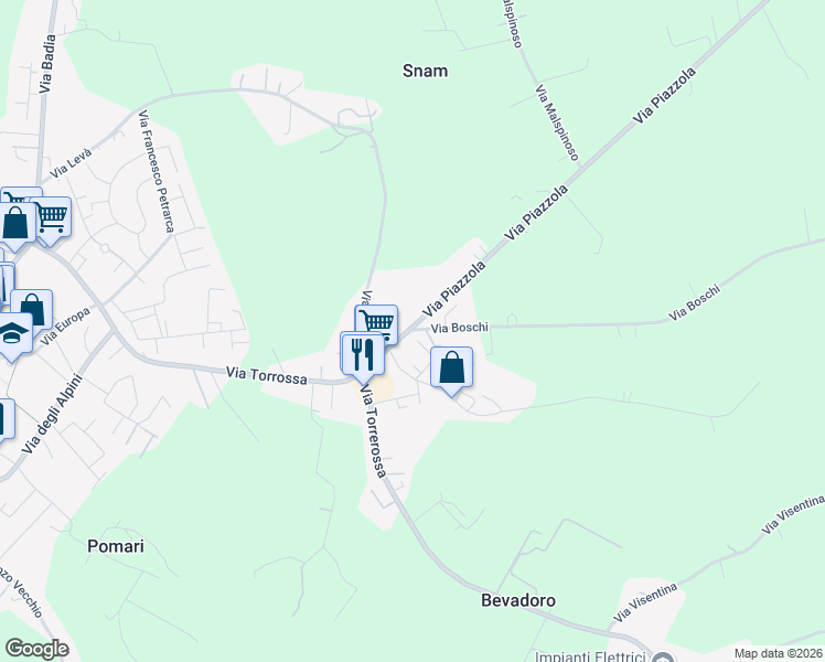 map of restaurants, bars, coffee shops, grocery stores, and more near 151 Via Torrossa in Camisano Vicentino