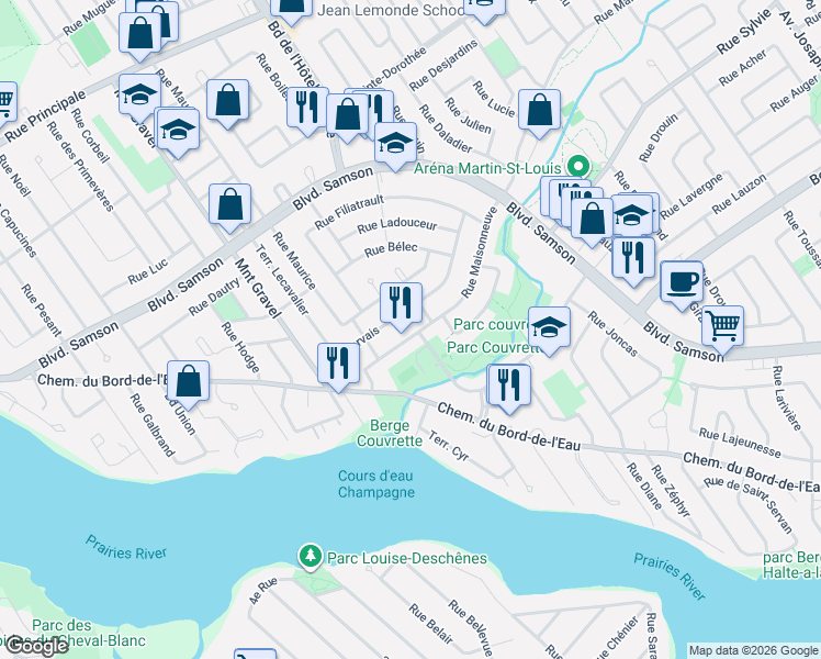 map of restaurants, bars, coffee shops, grocery stores, and more near 581 Rue Maisonneuve in Laval