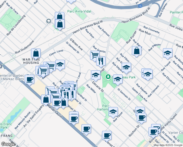 map of restaurants, bars, coffee shops, grocery stores, and more near 1430 Rue du Painter Circle in Montréal
