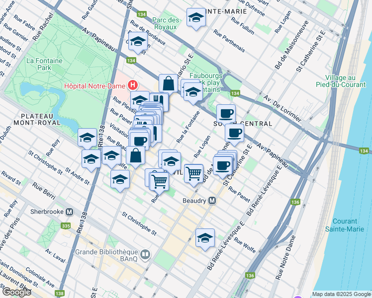 map of restaurants, bars, coffee shops, grocery stores, and more near 1706 Rue Plessis in Montréal