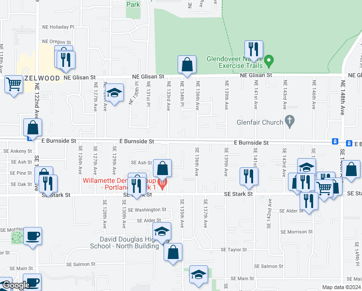 map of restaurants, bars, coffee shops, grocery stores, and more near 29 Southeast 134th Place in Portland