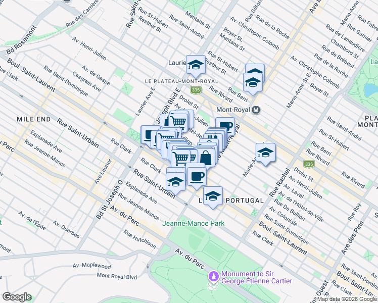 map of restaurants, bars, coffee shops, grocery stores, and more near 4613 Avenue Coloniale in Montréal