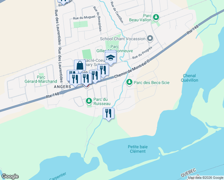 map of restaurants, bars, coffee shops, grocery stores, and more near 189 Rue des Balbuzards in Gatineau
