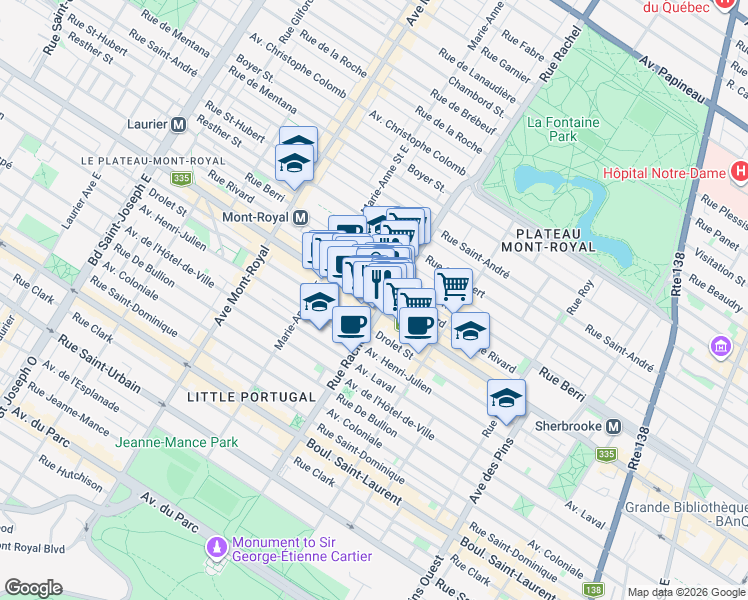 map of restaurants, bars, coffee shops, grocery stores, and more near 4205 Rue Saint-Denis in Montréal