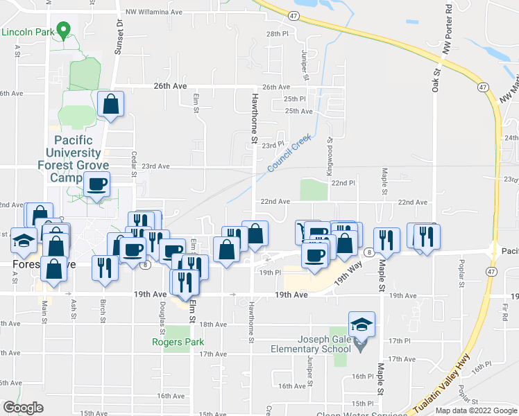map of restaurants, bars, coffee shops, grocery stores, and more near 2705 Maywood Drive in Forest Grove