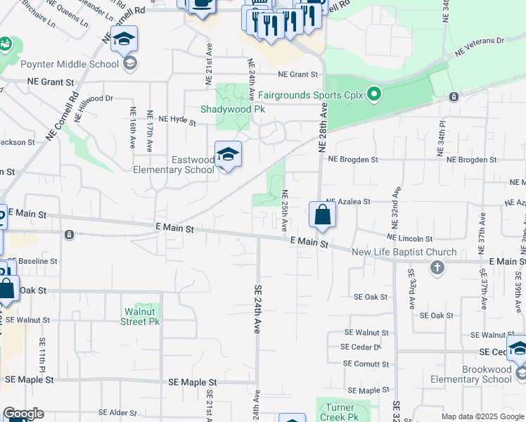 map of restaurants, bars, coffee shops, grocery stores, and more near 166 Northeast 24th Avenue in Hillsboro