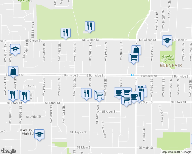 map of restaurants, bars, coffee shops, grocery stores, and more near 14210 East Burnside Street in Portland