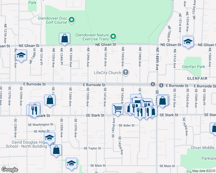 map of restaurants, bars, coffee shops, grocery stores, and more near 14050 East Burnside Street in Portland