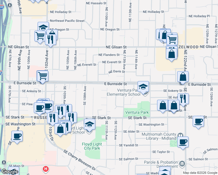 map of restaurants, bars, coffee shops, grocery stores, and more near 11278 Southeast Pine Court in Portland