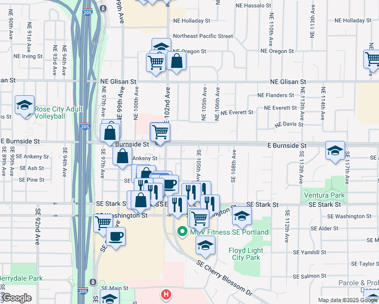 map of restaurants, bars, coffee shops, grocery stores, and more near 20 Southeast 103rd Avenue in Portland