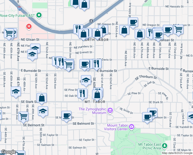 map of restaurants, bars, coffee shops, grocery stores, and more near 51 Southeast 60th Avenue in Portland