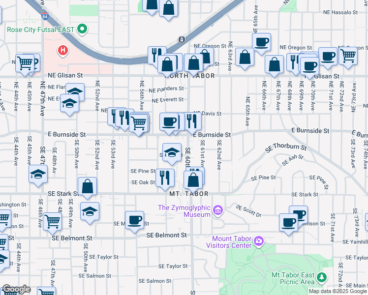 map of restaurants, bars, coffee shops, grocery stores, and more near 51 Southeast 60th Avenue in Portland