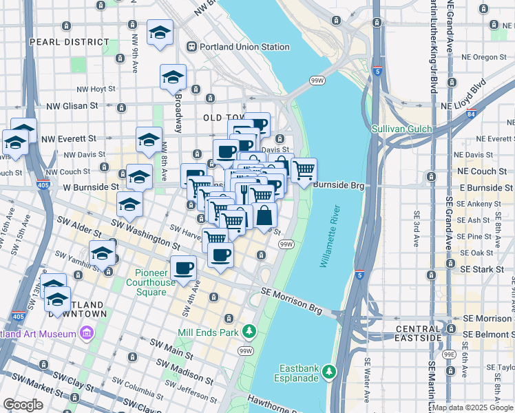 map of restaurants, bars, coffee shops, grocery stores, and more near 125 Southwest 2nd Avenue in Portland