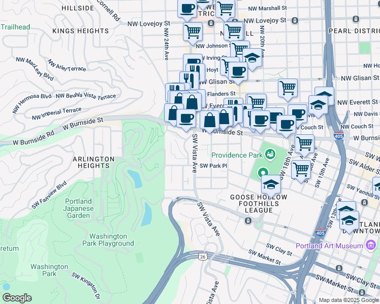 map of restaurants, bars, coffee shops, grocery stores, and more near 831 Southwest Vista Avenue in Portland
