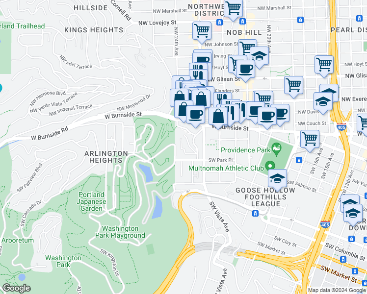 map of restaurants, bars, coffee shops, grocery stores, and more near 2363 Southwest Cedar Street in Portland