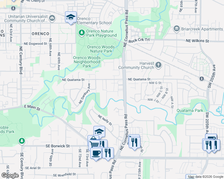 map of restaurants, bars, coffee shops, grocery stores, and more near 7615 Northeast Chesapeake Street in Hillsboro