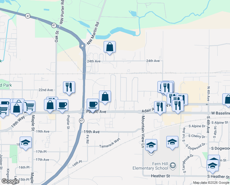 map of restaurants, bars, coffee shops, grocery stores, and more near a14 A and B Row in Forest Grove