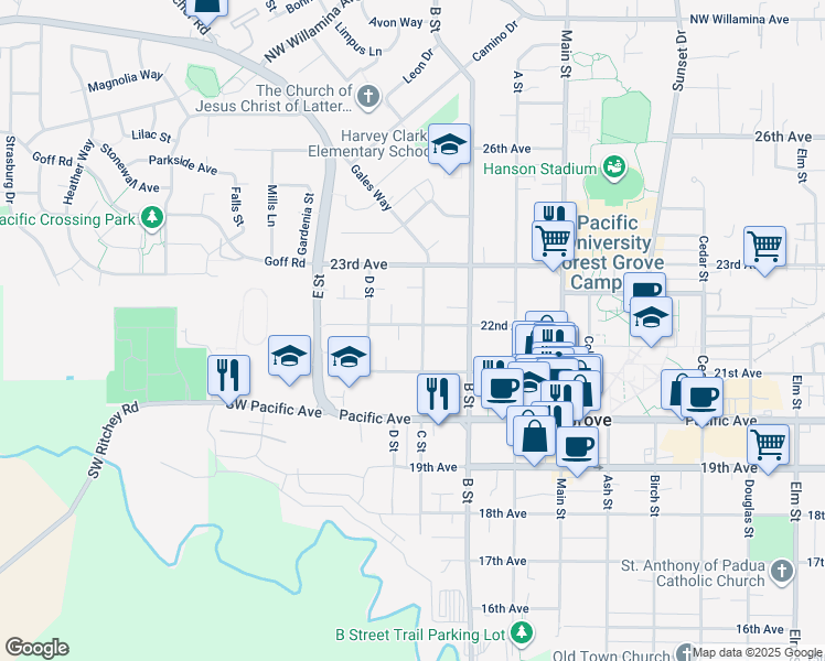 map of restaurants, bars, coffee shops, grocery stores, and more near 1626 22nd Avenue in Forest Grove
