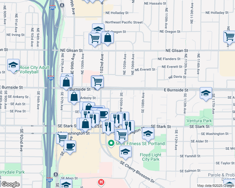 map of restaurants, bars, coffee shops, grocery stores, and more near 20 Southeast 103rd Avenue in Portland