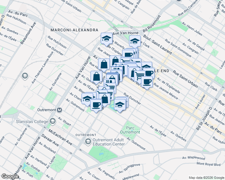 map of restaurants, bars, coffee shops, grocery stores, and more near 1061 Rue Bernard Ouest in Montréal