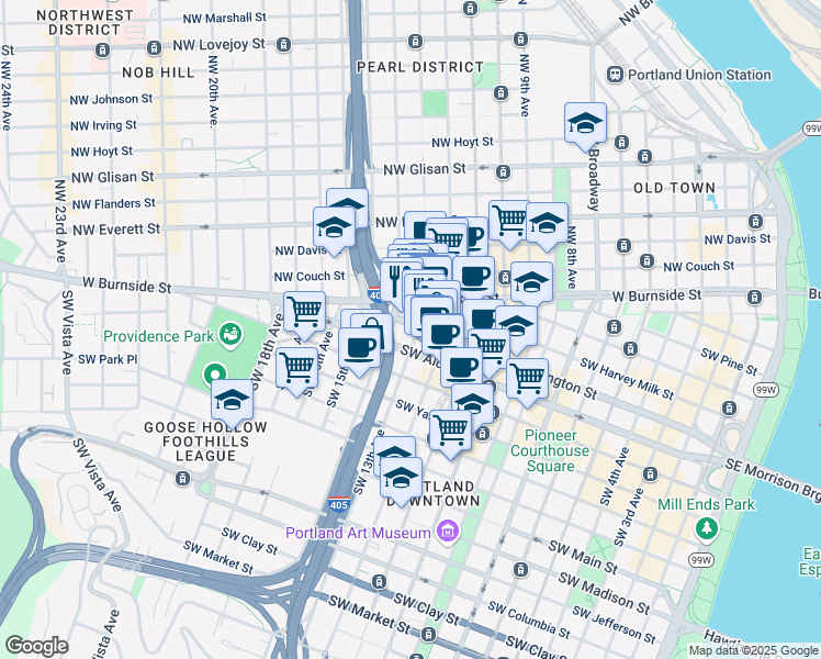 map of restaurants, bars, coffee shops, grocery stores, and more near 1312 Southwest Washington Street in Portland