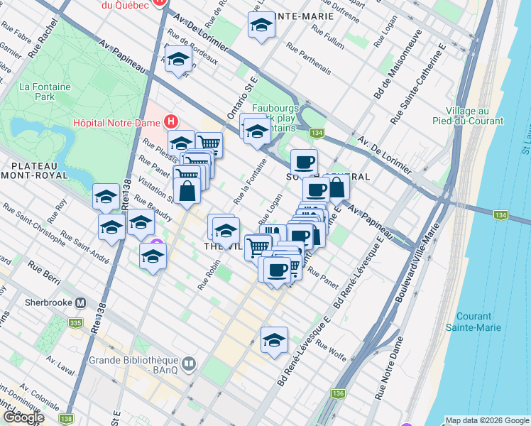 map of restaurants, bars, coffee shops, grocery stores, and more near 1463 Rue Logan in Montréal