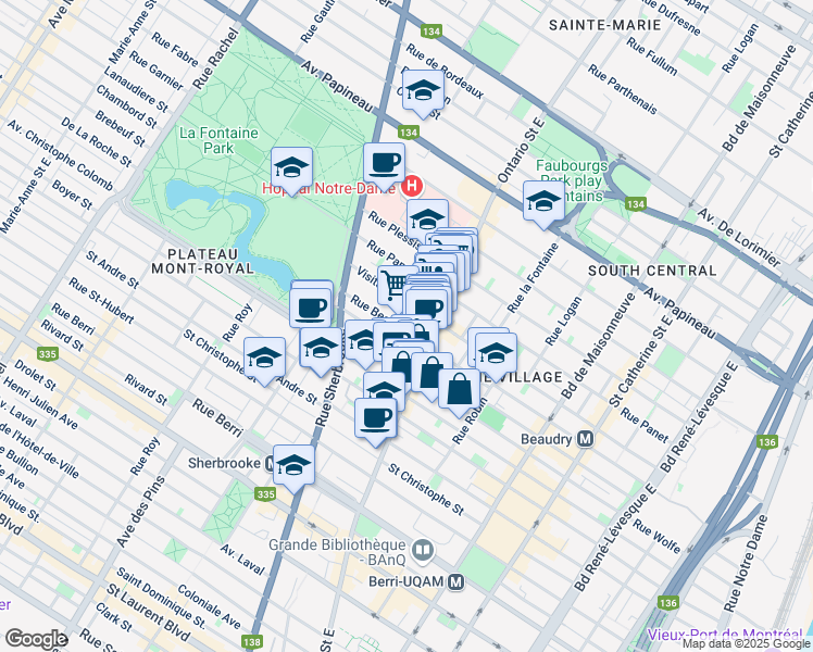 map of restaurants, bars, coffee shops, grocery stores, and more near 2061 Rue Beaudry in Montréal
