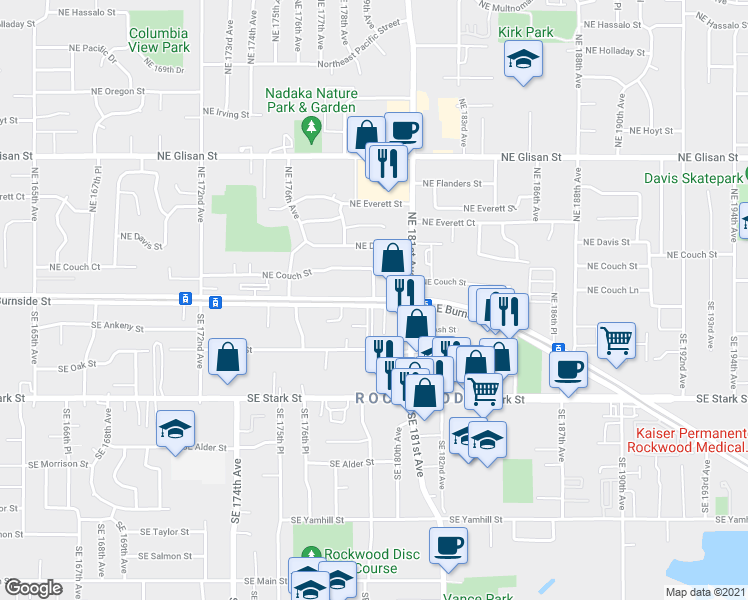 map of restaurants, bars, coffee shops, grocery stores, and more near E Burnside St & NE 179th Ave in Gresham