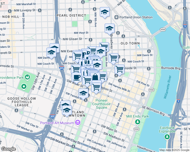 map of restaurants, bars, coffee shops, grocery stores, and more near 915 Southwest Harvey Milk Street in Portland