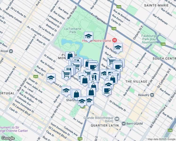 map of restaurants, bars, coffee shops, grocery stores, and more near 3680 Avenue du Parc la Fontaine in Montreal