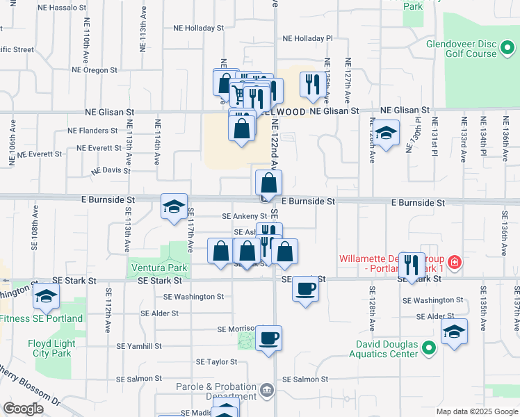 map of restaurants, bars, coffee shops, grocery stores, and more near 12110 East Burnside Street in Portland