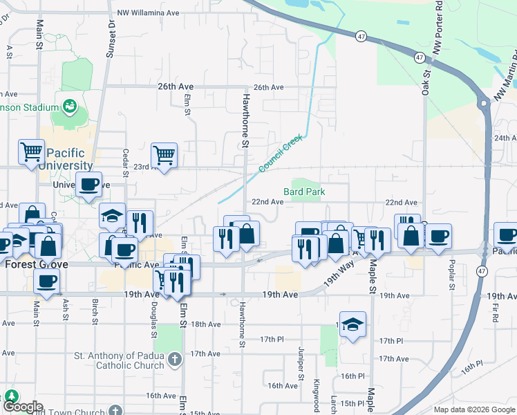 map of restaurants, bars, coffee shops, grocery stores, and more near 2705 Maywood Drive in Forest Grove
