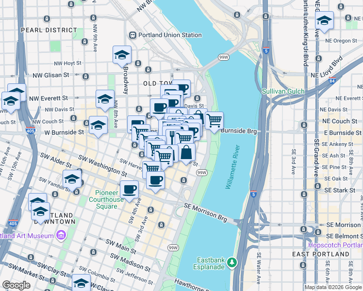 map of restaurants, bars, coffee shops, grocery stores, and more near 108 Southwest 3rd Avenue in Portland