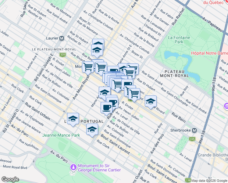 map of restaurants, bars, coffee shops, grocery stores, and more near 4278 Rue Saint-Denis in Montréal