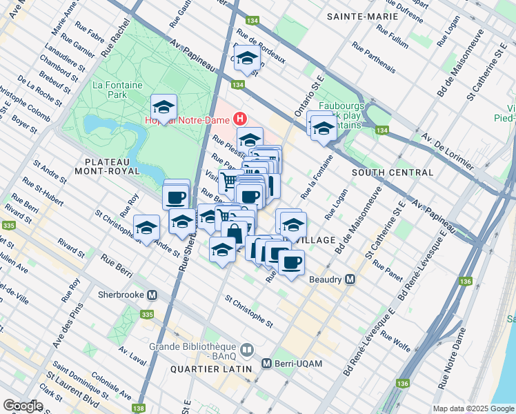 map of restaurants, bars, coffee shops, grocery stores, and more near 1944 Visitation Street in Montreal