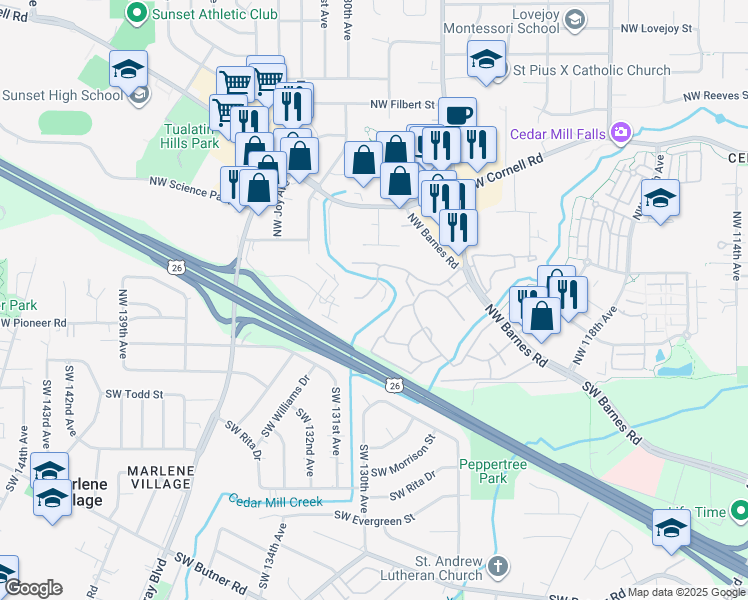 map of restaurants, bars, coffee shops, grocery stores, and more near 12612 Northwest Barnes Road in Portland