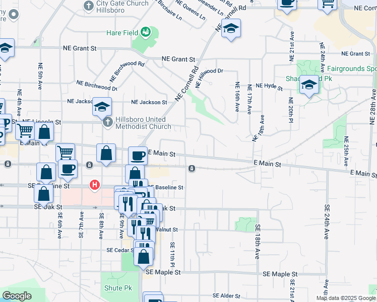 map of restaurants, bars, coffee shops, grocery stores, and more near 110 Northeast 12th Avenue in Hillsboro