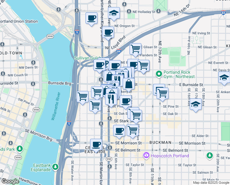 map of restaurants, bars, coffee shops, grocery stores, and more near 111 Southeast 6th Avenue in Portland