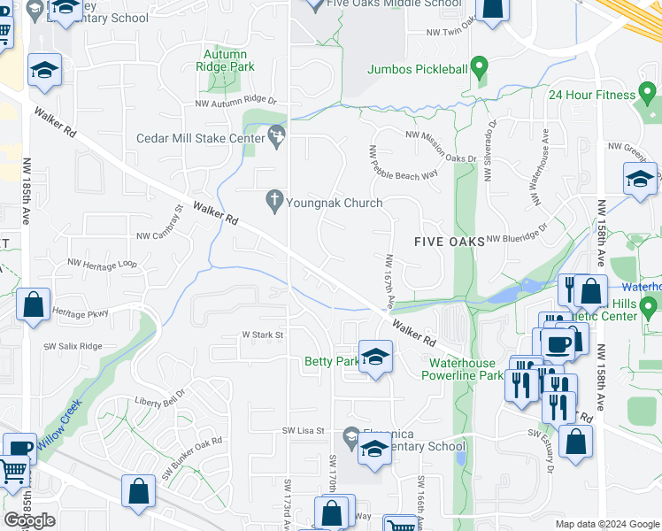 map of restaurants, bars, coffee shops, grocery stores, and more near 16990 Northwest Park Court in Beaverton