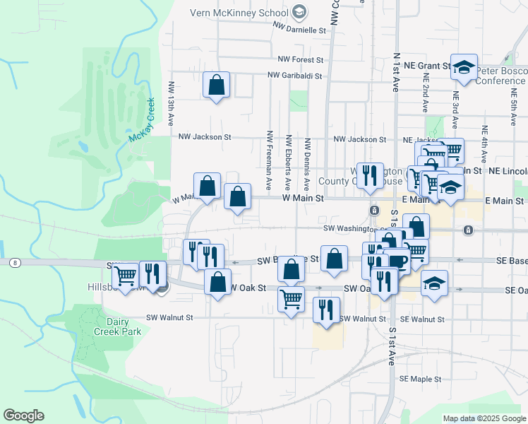 map of restaurants, bars, coffee shops, grocery stores, and more near 620 West Main Street in Hillsboro