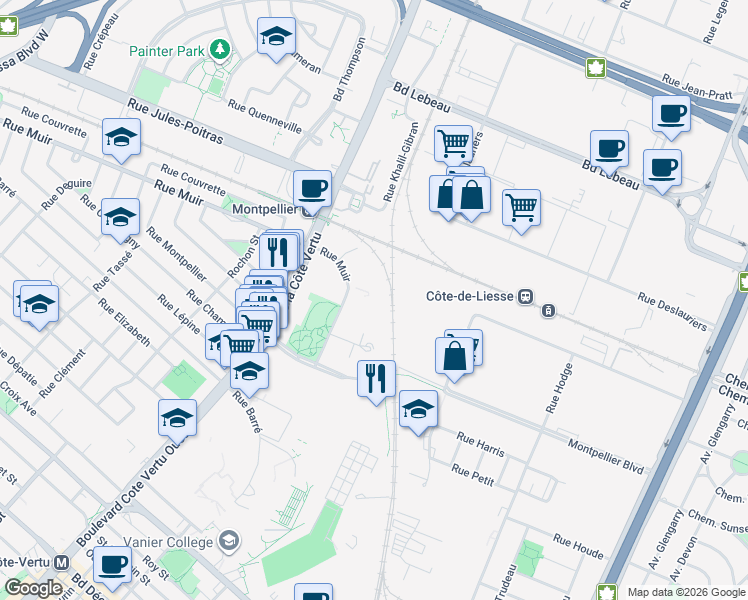 map of restaurants, bars, coffee shops, grocery stores, and more near 795 Rue Muir in Montréal