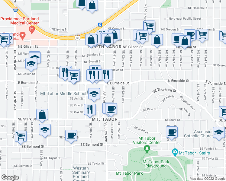 map of restaurants, bars, coffee shops, grocery stores, and more near 51 SE 61st Ave in Portland