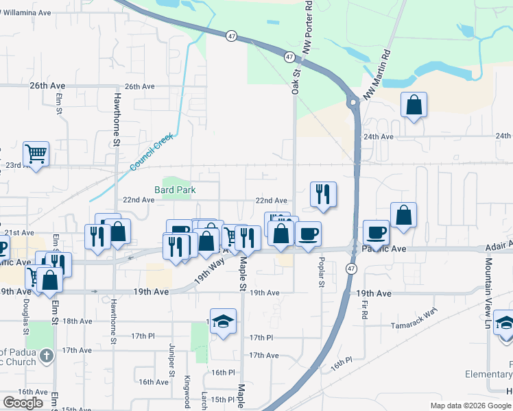 map of restaurants, bars, coffee shops, grocery stores, and more near 3220 22nd Avenue in Forest Grove